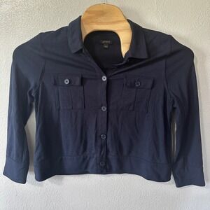 J Jill Wearever Collection Knit Shirt Jacket Button Front Top Navy Blue Medium
